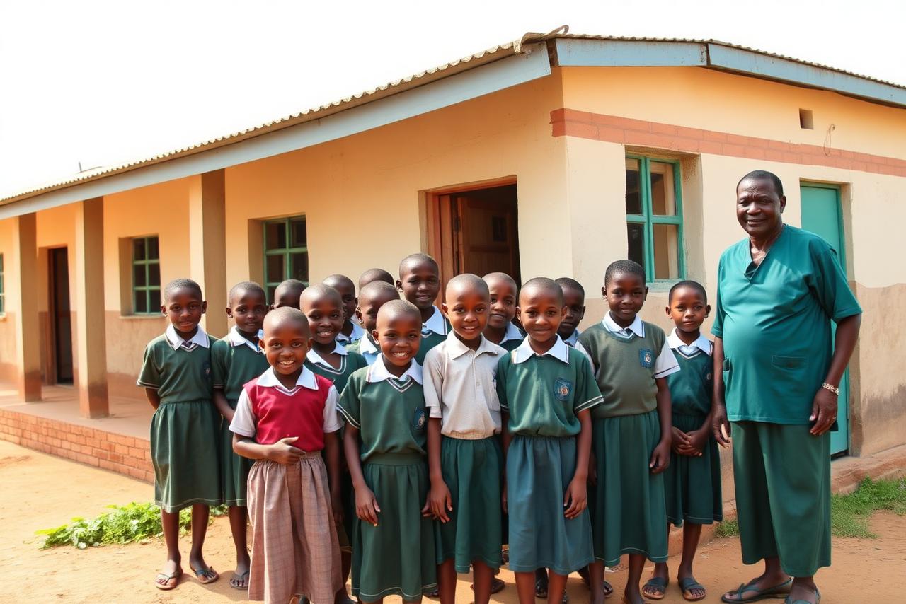 Pupils and their teacher outside a Bayelsa State public primary school