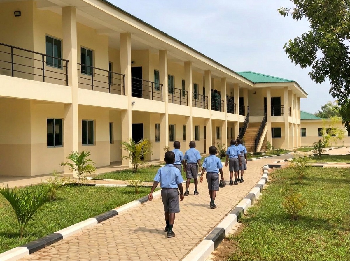 A newly completed primary school block with pupils walking to class